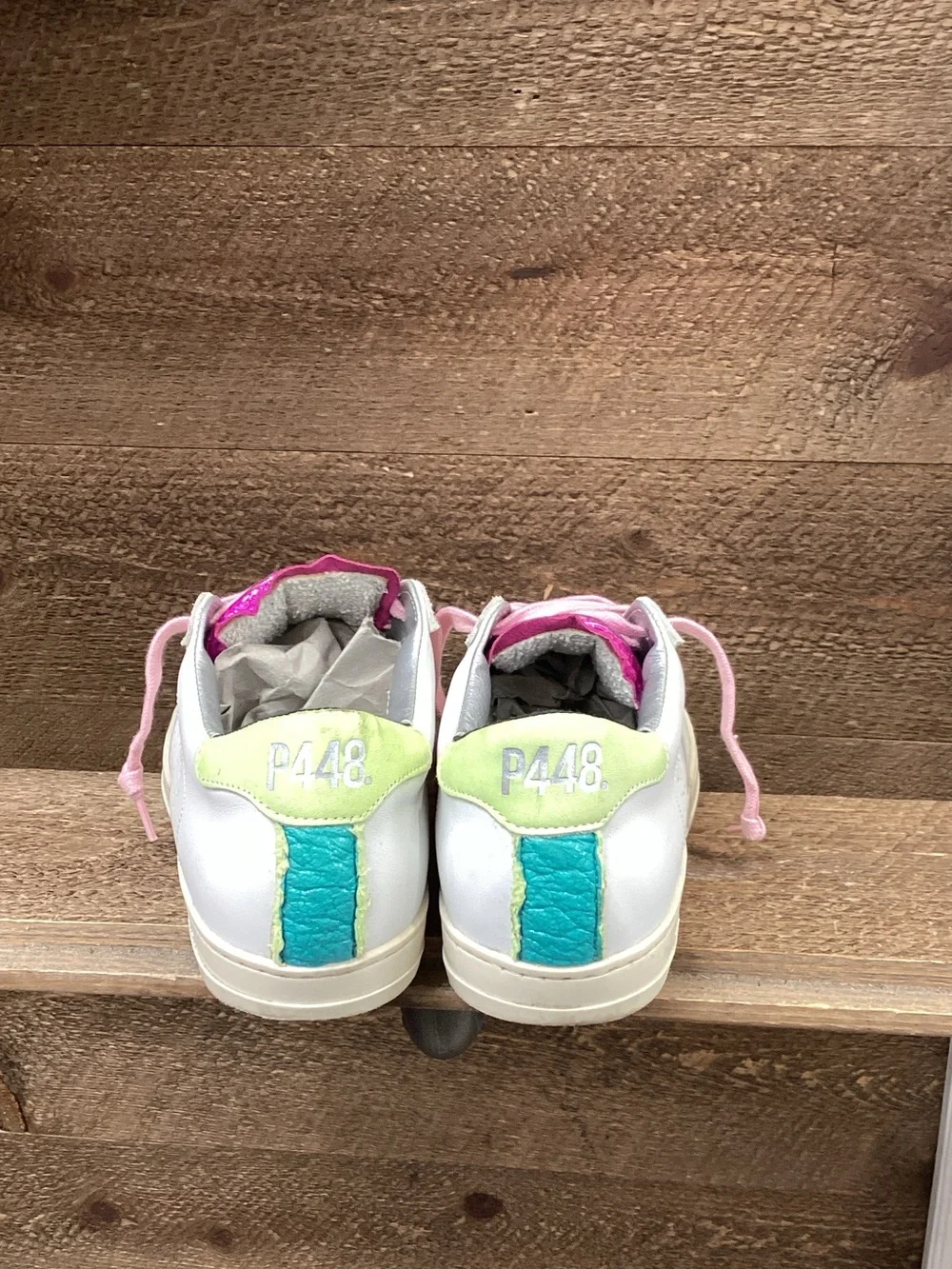 P448 White Sneakers with Pink Laces and Purple Tongue